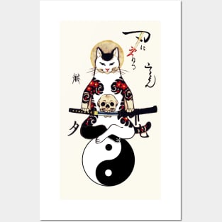 YIN YANG SAMURAI CAT WITH KATANA IN SKULL TATTOO Posters and Art